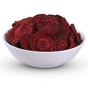 HealthyGrabz beetroot chips in a white bowl - sun dried air fried beetroot snack