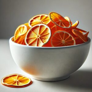 HealthyGrabz orange chips in a white bowl - air cooked dried orange slice snack