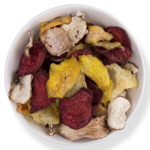 Bowl of HealthyGrabz Mix Root Vegetable Chips made with beetroot, potato and sweet potato.