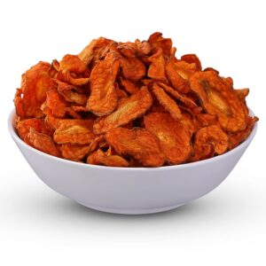 HealthyGrabz carrot chips in a white bowl - sun dried air fried carrot snack