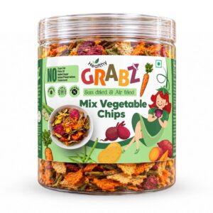 HealthyGrabz Mix Vegetable Chips Jar on a white background.