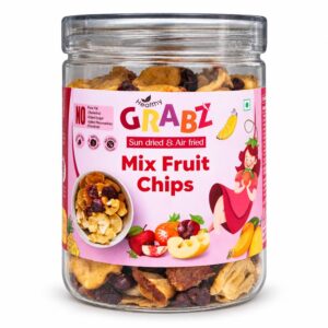 HealthyGrabz Mixed Fruit Chips Jar on a white background.