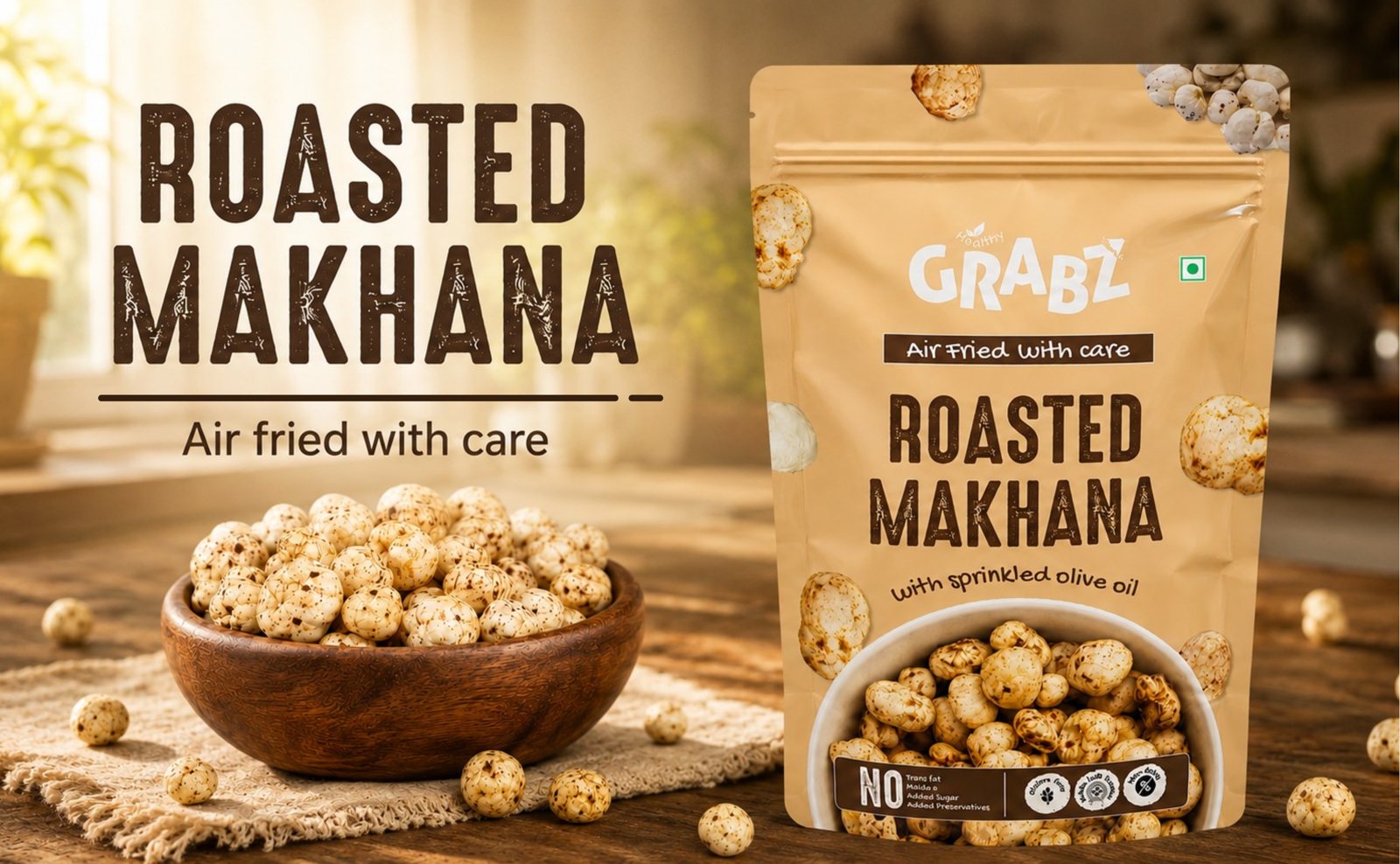 Roasted makhana (fox nuts) air fried with care - HealthyGrabz crunchy makhana snack pouch