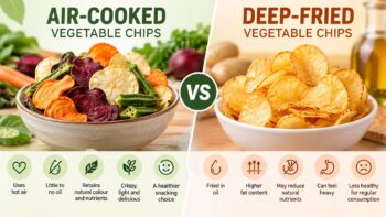 Air-cooked vegetable chips vs deep-fried potato chips comparison - HealthyGrabz healthy snacks