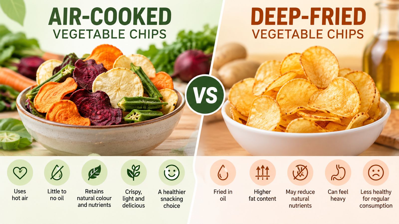 Air-cooked vegetable chips vs deep-fried potato chips comparison - HealthyGrabz healthy snacks