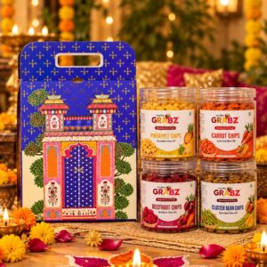 HealthyGrabz Diwali gift bag - blue printed festive carry bag with 4 chips jars, rangoli and diyas