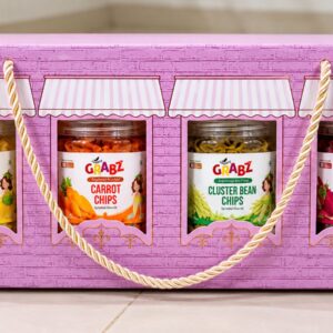HealthyGrabz Diwali gift hamper - pink festive gift box with 4 chips jars