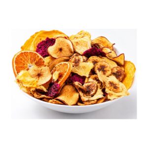 Mixed fruit chips in a white bowl - HealthyGrabz sun dried air fried fruit chips