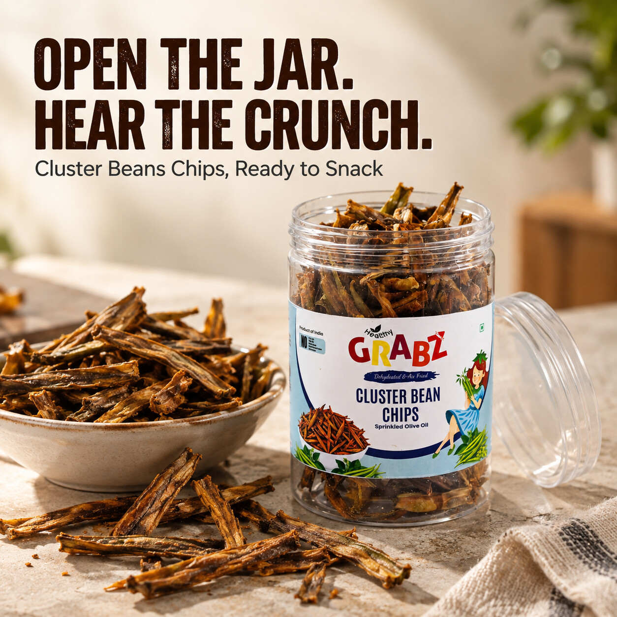 Open the jar and hear the crunch - cluster bean chips jar