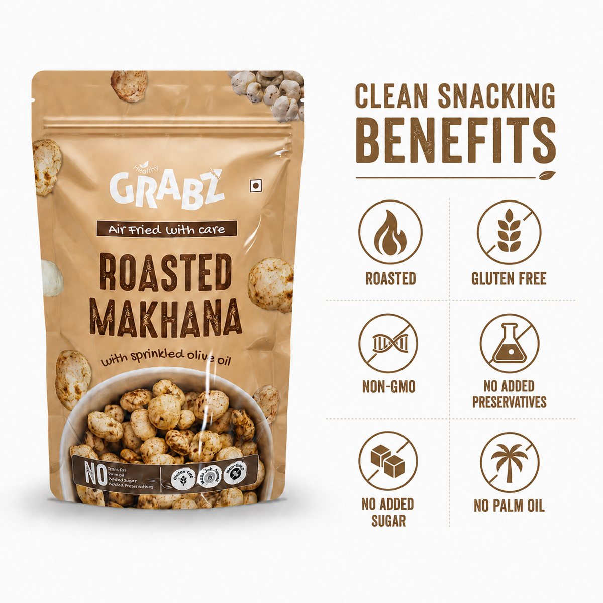 Makhana clean snacking icons - roasted, gluten free, non-GMO, no added preservatives, no added sugar, no palm oil