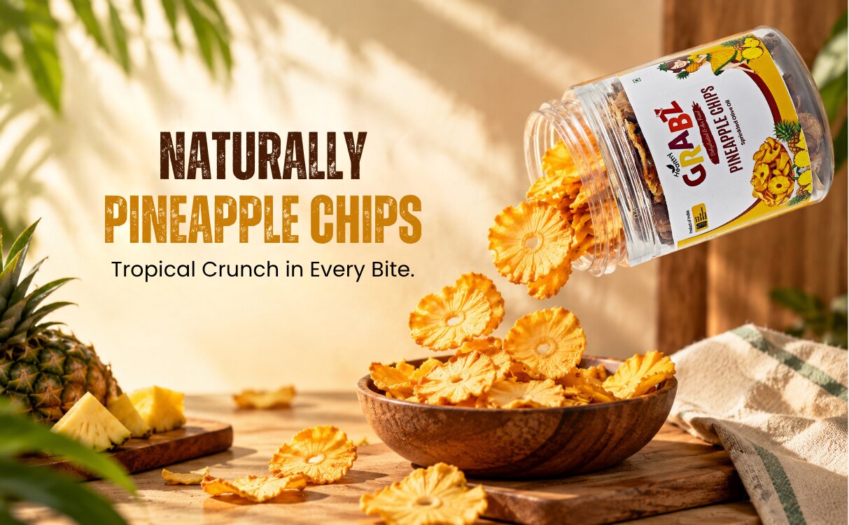 Air fried pineapple chips banner - HealthyGrabz Pineapple Chips Jar tropical crunch