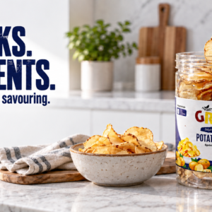 Air fried potato chips banner - dehydrated potato snack with olive oil sprinkle