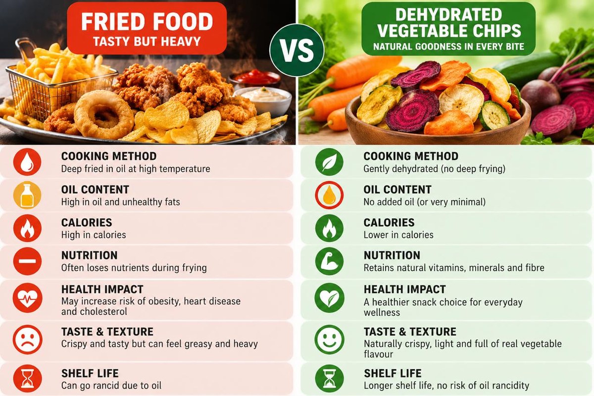 Fried snacks vs dehydrated vegetable chips comparison - cooking method, oil content, calories, nutrition, taste and shelf life