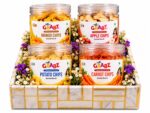 HealthyGrabz Diwali gift tray - white marble festive tray with flowers and 4 chips jars