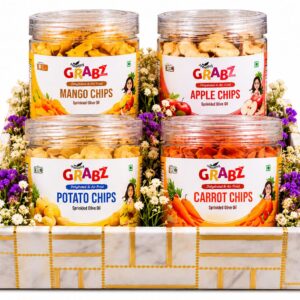 HealthyGrabz Diwali gift tray - white marble festive tray with flowers and 4 chips jars