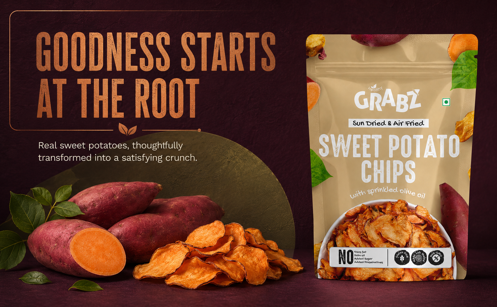Sweet Potato Chips goodness starts at the root banner