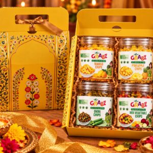 HealthyGrabz Diwali yellow gift bag with 4 jars of chips - mango, pineapple, okra and mix vegetable (illustration)