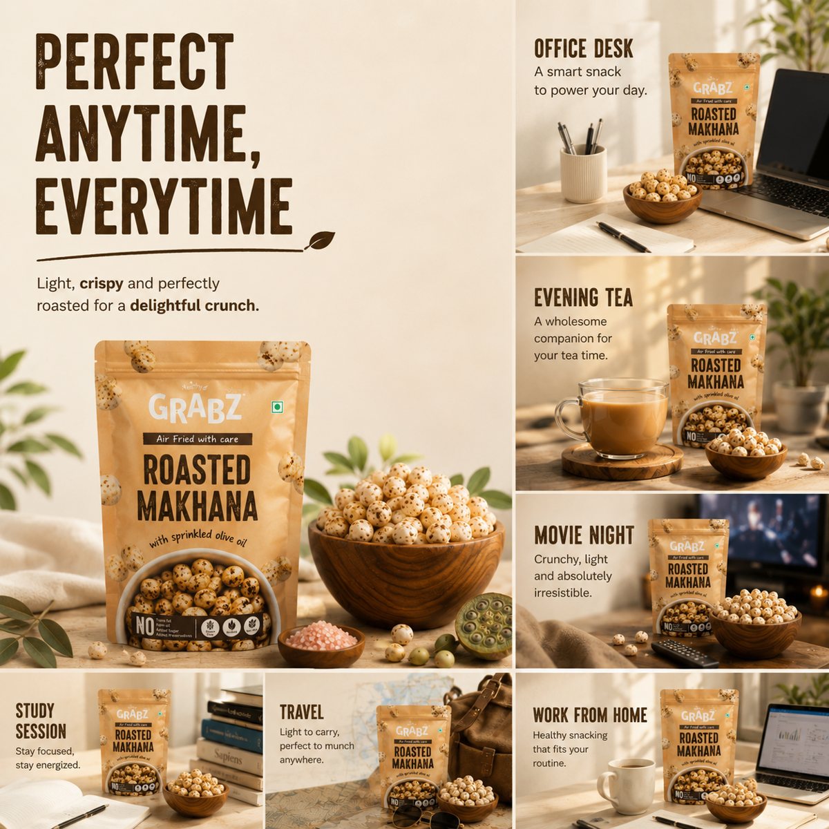 Makhana anytime snack ideas - office desk, evening tea, movie night, study, travel and work from home
