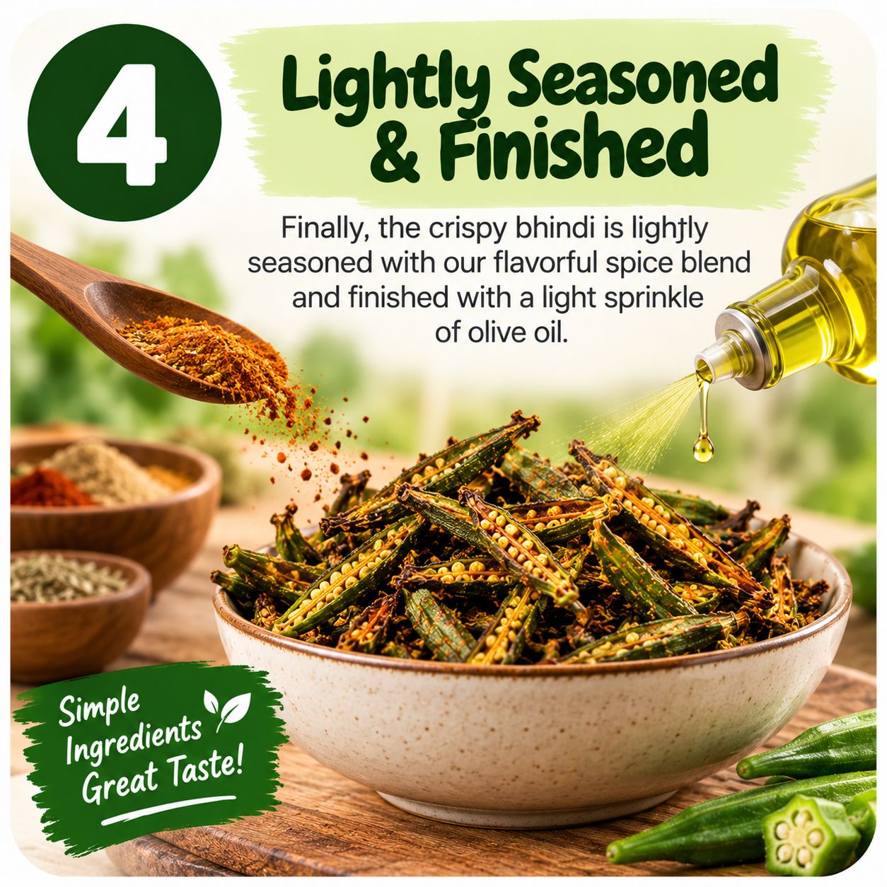 Crispy bhindi chips lightly seasoned with spices and a light sprinkle of olive oil - step 4 of HealthyGrabz vegetable chips